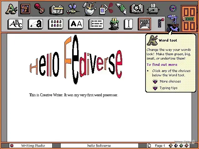 Screenshot of a Word Processor containg the words "Hello Fediverse" in WordArt